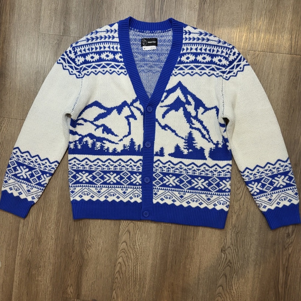 Original Use V-Neck Button Front Cardigan Sweater Blue & White Size Medium